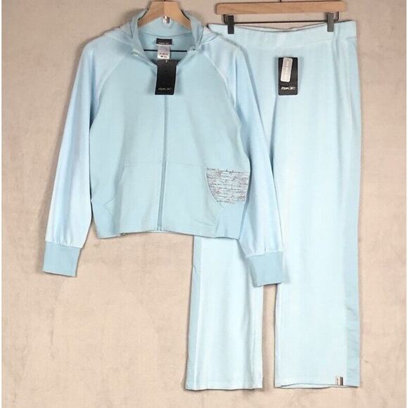 NWT RBX Velour Set Womens L Blue Zip Hoodie Wide Leg Pants Embroidered Tracksuit - Picture 1 of 16